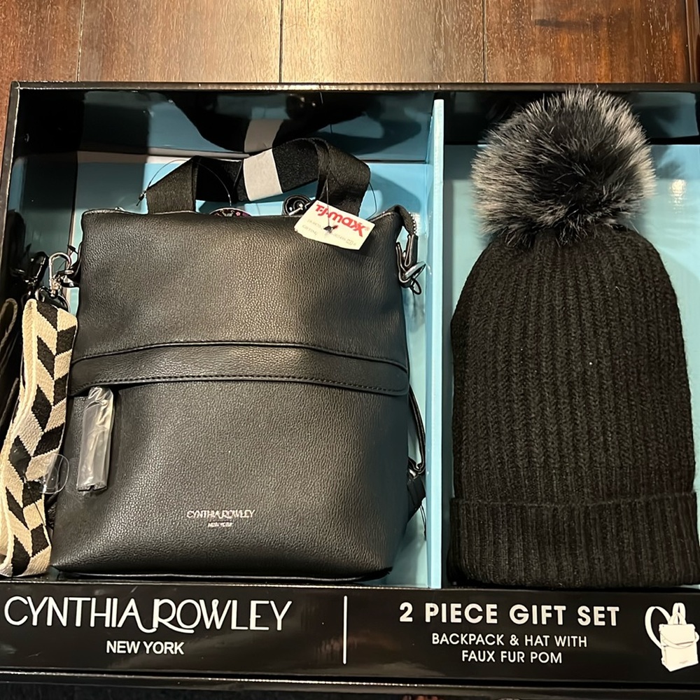 NWT Cynthia Rowley leather backpack and winter Pom Pom hat